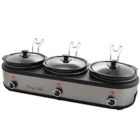 MegaChef Brushed Silver & Black Finish Triple 2.5qt. Slow Cooker & Buffet Server With 3 Ceramic Cooking Pots & Removable Lid Rests