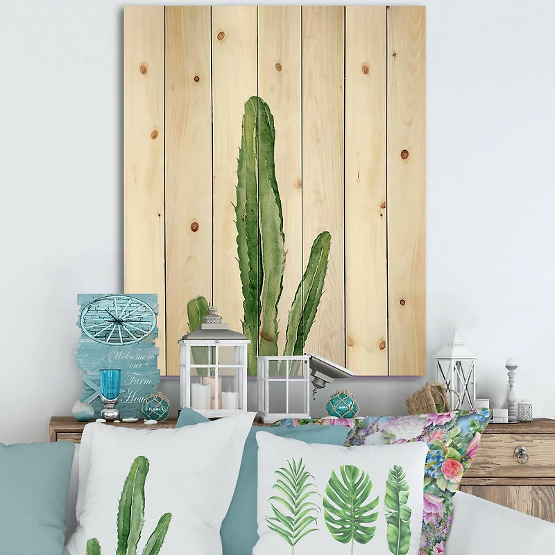 Designart - Green Cactus South Western Plant Botanical Detail - Botanical Print on Natural Pine Wood