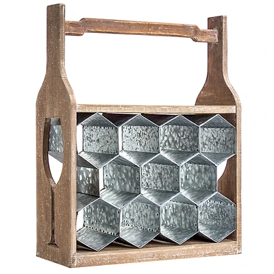 20" Rustic Wood & Metal Wine Rack with Handle