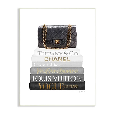 Stupell Industries Black Glam Purse Chic Modern Bookstack Wall Plaque
