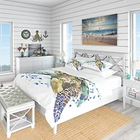 Designart Blue Sea Turtle Illustration Nautical & Coastal Duvet Cover Set