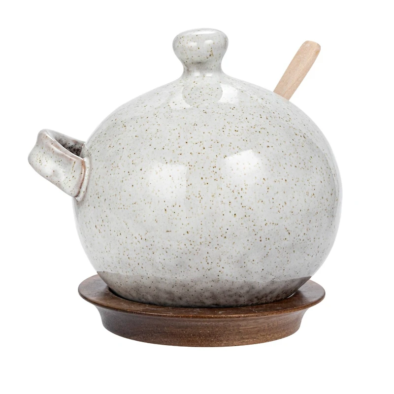 Hello Honey® 5.5" Cream Stoneware Salt Jar with Wood Spoon & Coaster