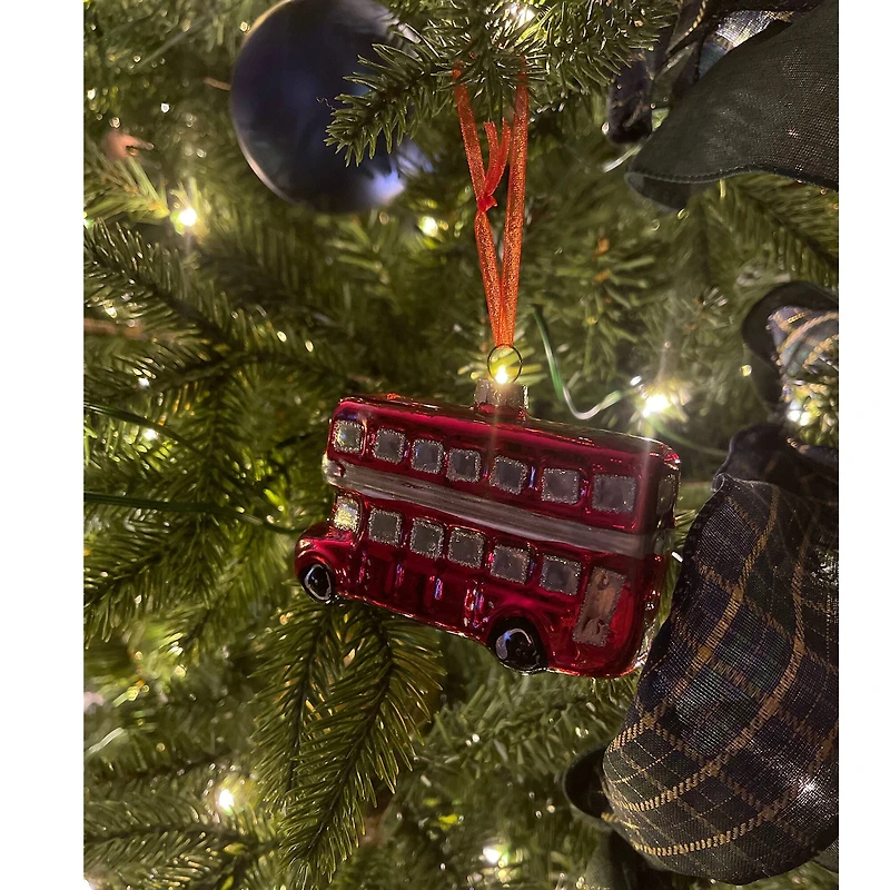 4" Shiny Metallic Red & Silver Glass Double Decker Bus Christmas Ornament
