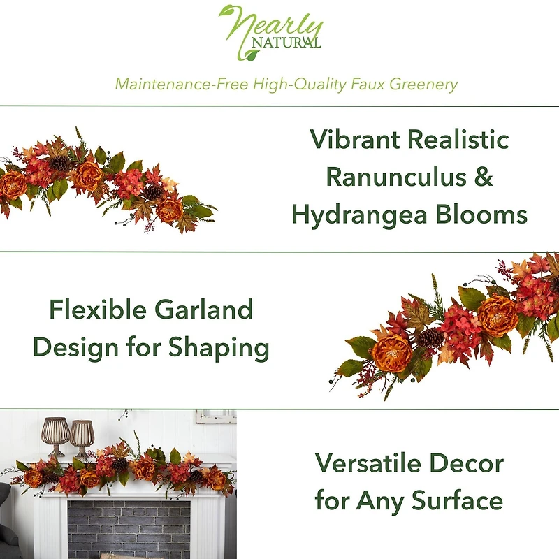 6ft. Fall Ranunculus, Hydrangea & Berries Autumn Garland