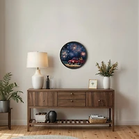 20" Goldens Watching Fireworks Round Framed Print