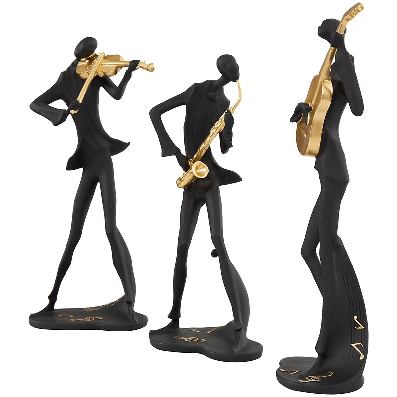 Black Polystone Abstract Musician Sculpture Set with Gold Instruments & Music Notes