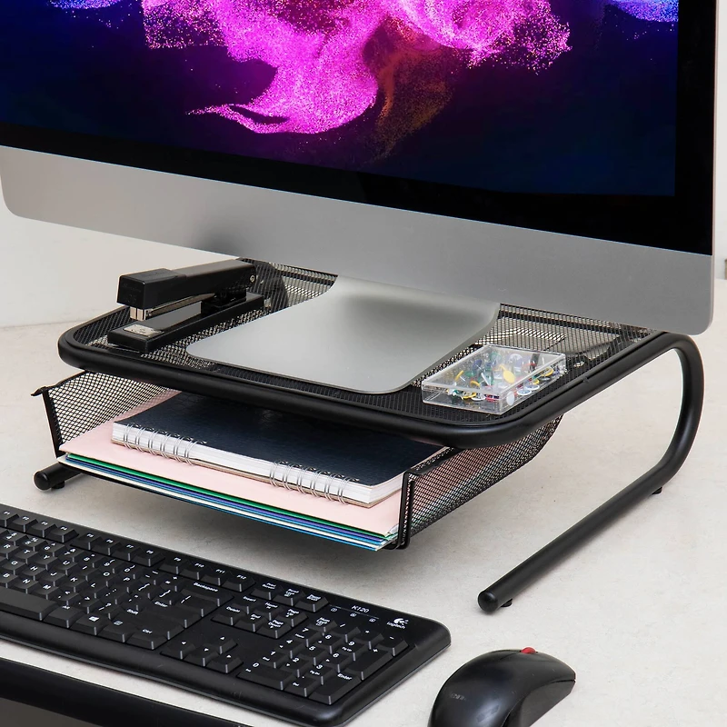 Mind Reader Black Metal Mesh Monitor Stand & Desk Organizer With Storage Drawer