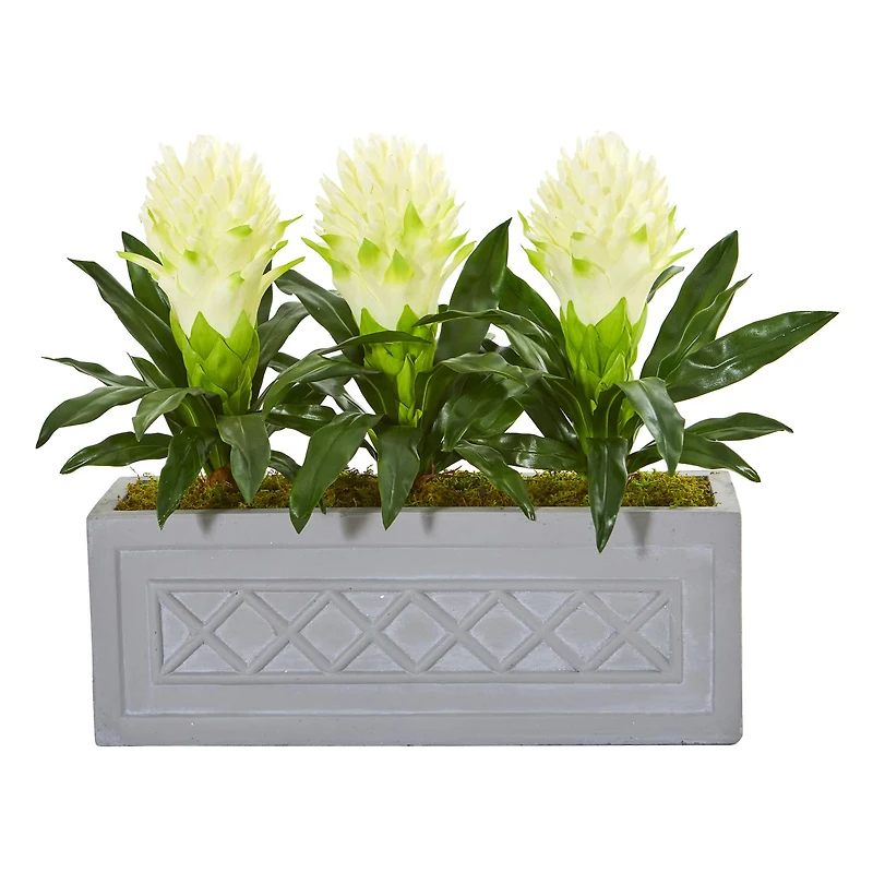 19" White Bromeliad Artificial Plant in Stone Planter