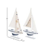 White Wood Coastal Sail Boat Sculpture Set