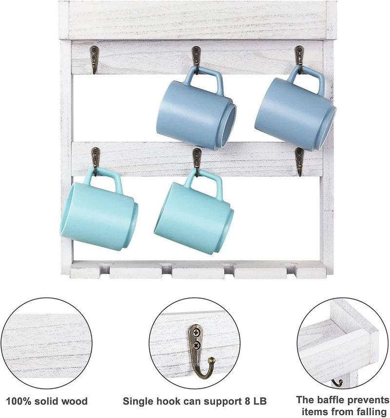NEX™ 16" Gray White Wood Wall-Mounted Coffee Mug Rack
