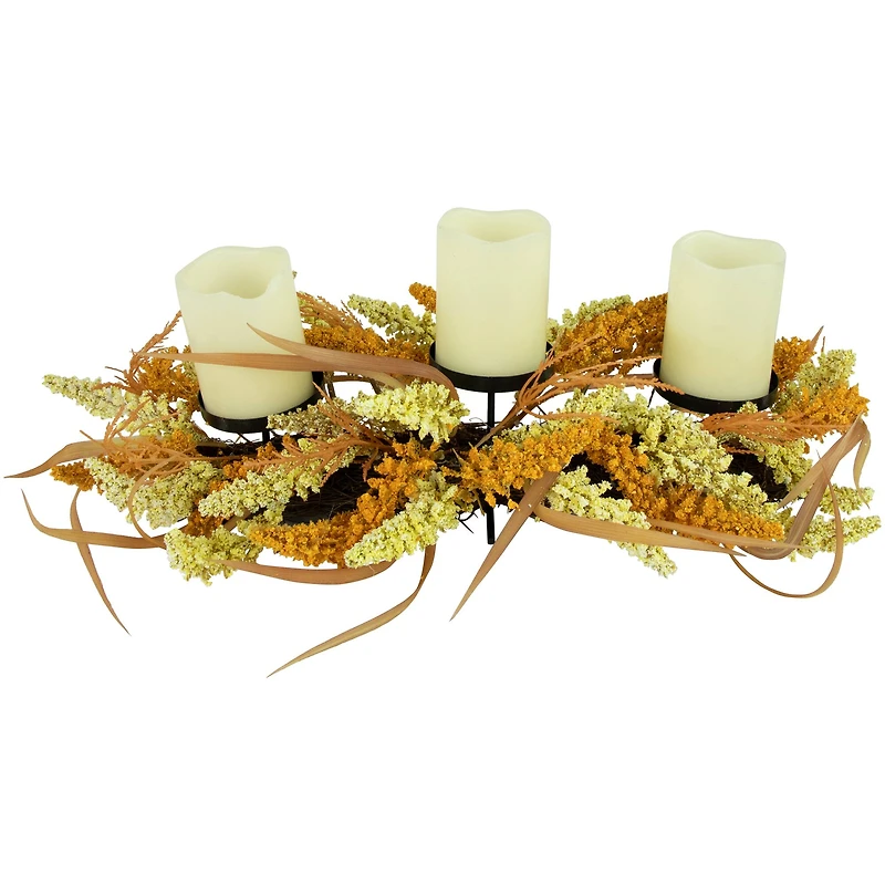 22" Autumn Harvest Triple Candle Holder with Artificial Fall Foliage