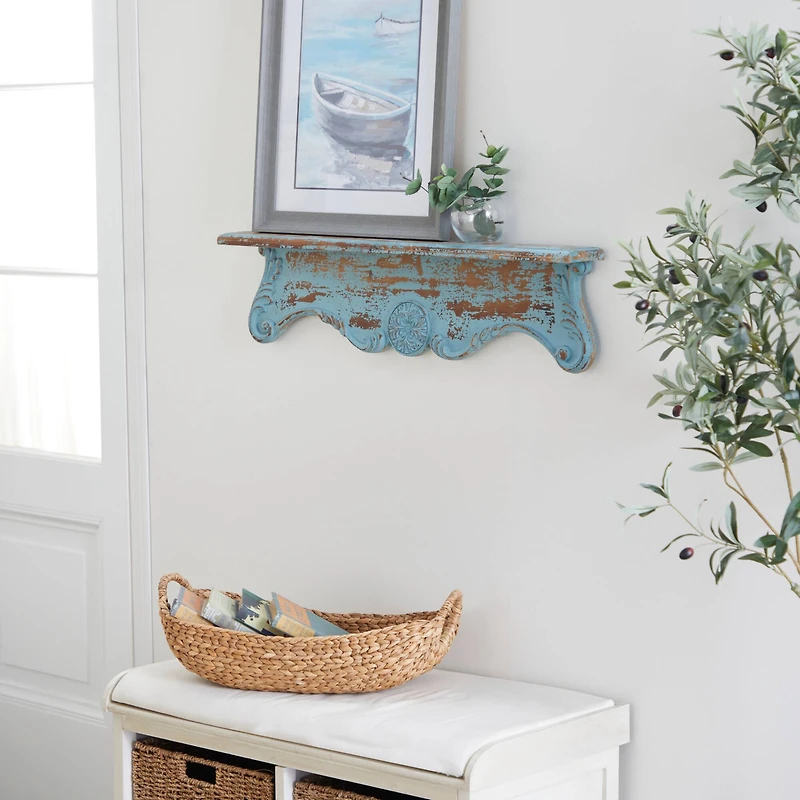 32" Blue Wood Rustic Wall Shelf