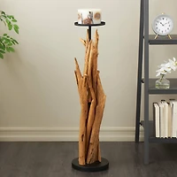 39" Brown Teak Wood Handmade Tall Tree Branch Floor Candle Holder with Black Metal Accents
