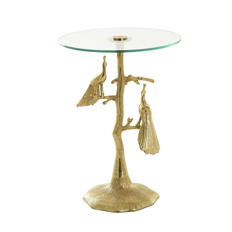 22.25" Gold Aluminum Peacock Textured Accent Table with Glass Tabletop