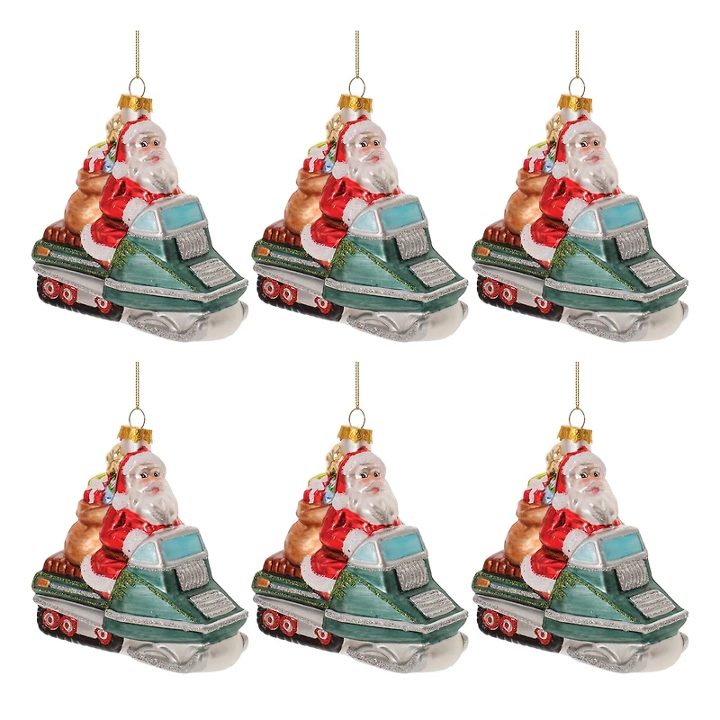 5" Glass Snowmobile Santa Ornaments, 6ct.