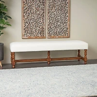 59" Cream Fabric Bench with Brown Traditional Wood Turned Legs