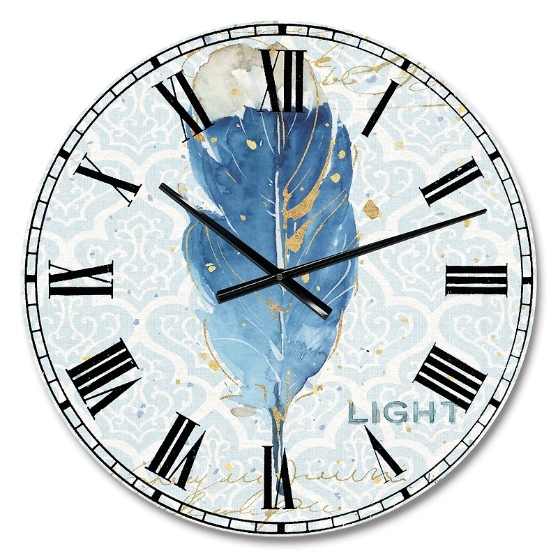 Designart Blue Damask Feather Wall Clock