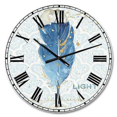 Designart Blue Damask Feather Wall Clock