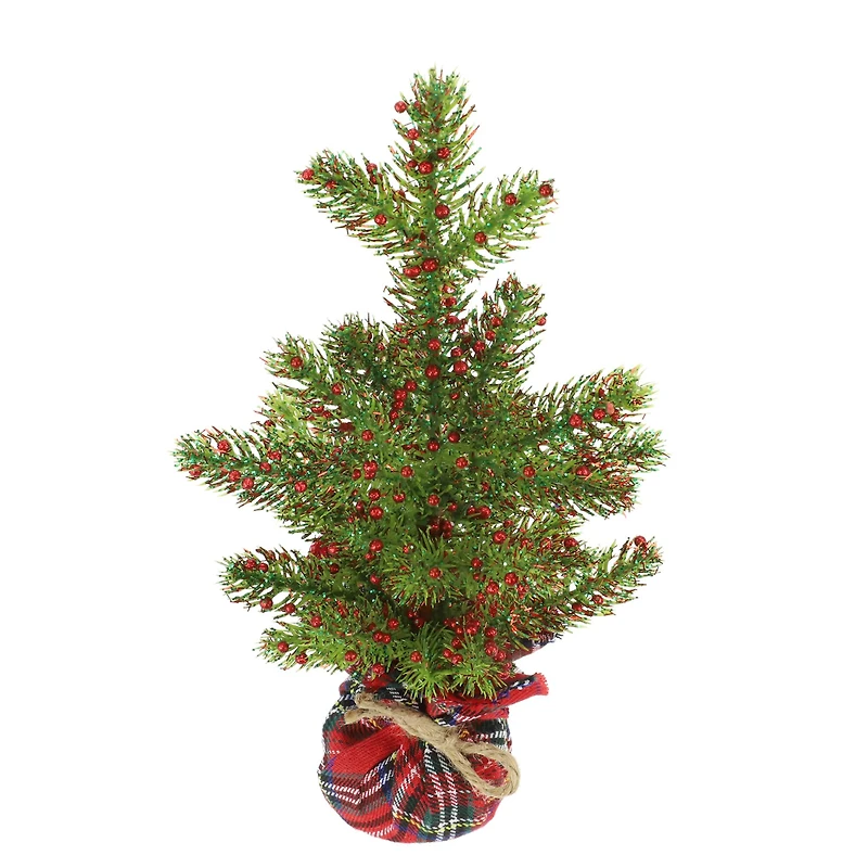 12" Green Glitter Pine & Red Berry Accent Tree in Red Plaid Fabric Base by Ashland®
