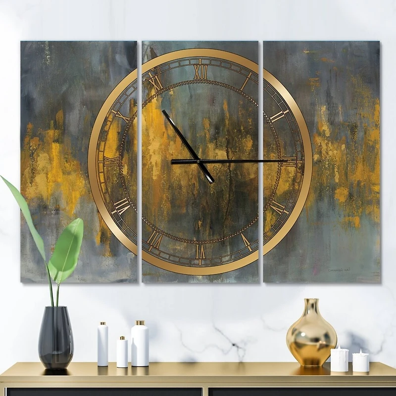 Designart Black & Gold Glam Abstract 3 Panel Modern Wall Clock