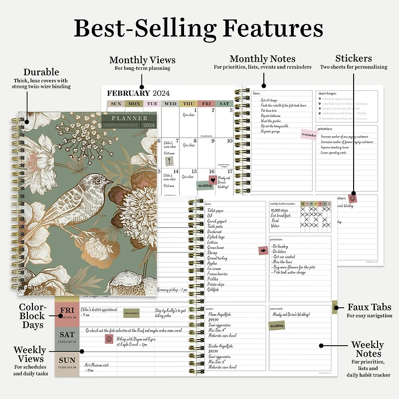 TF Publishing 2024 Birds & Floral Medium Weekly Monthly Planner