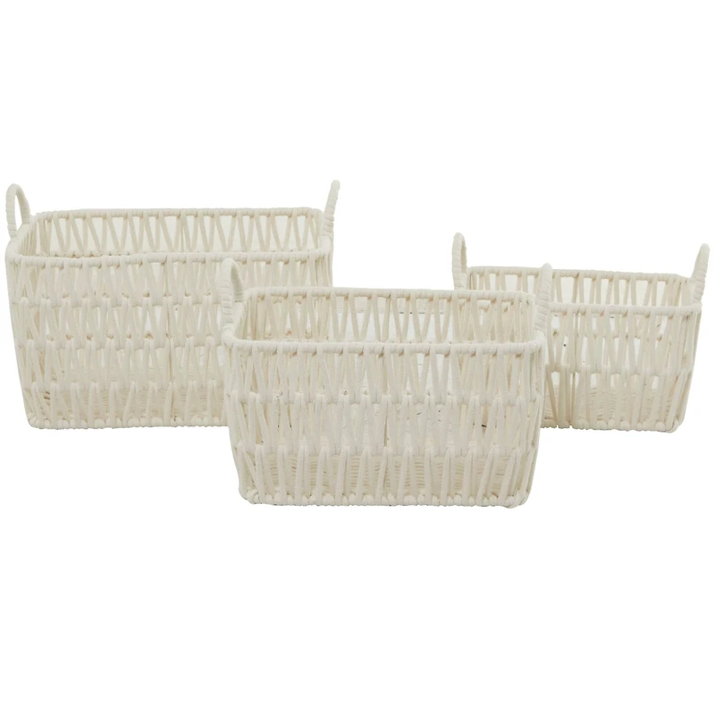 White Cotton Handmade Storage Basket with Handles Set of 3 11", 10", 9"