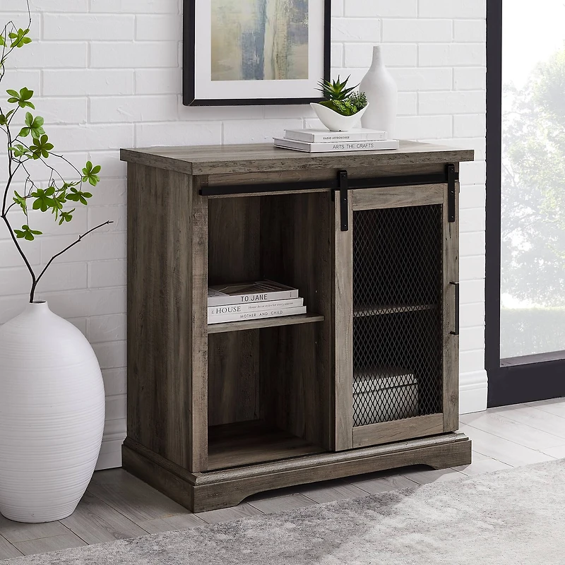 Edison Walker 32" Grey Wash Sliding Mesh Metal Door Accent Cabinet