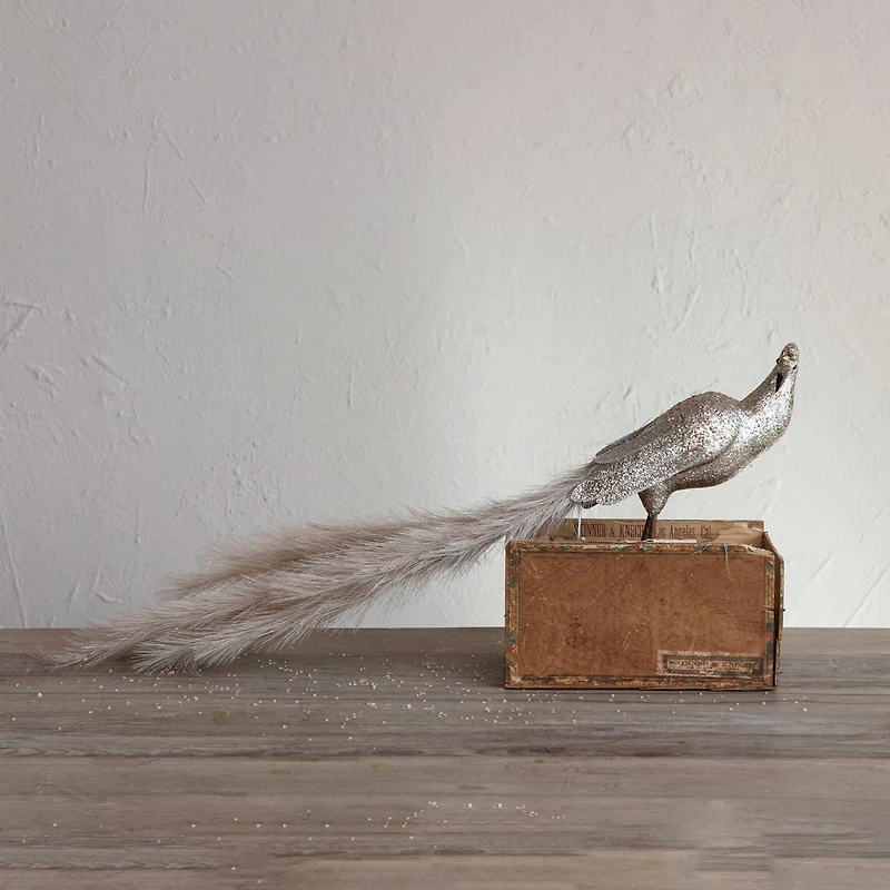 Hello Honey® 11" Champagne Fabric & Feather Peacock with Glitter and LED Lights