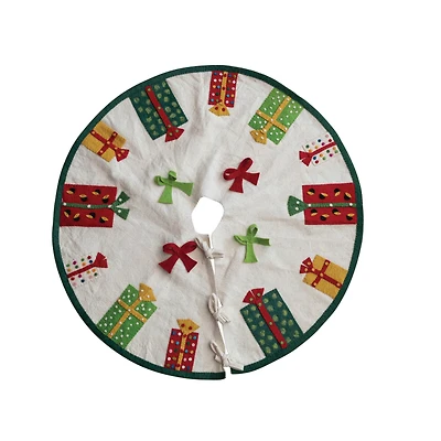 Hello Honey® 48" Multicolor Appliqued Presents & Bows Round Handmade Wool Felt Tree Skirt