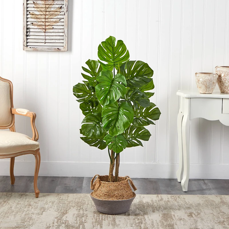 4ft. Monstera Artificial Tree in Boho Chic Handmade Cotton & Jute Gray Woven Planter UV Resistant (Indoor/Outdoor)
