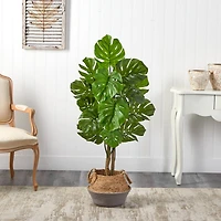 4ft. Monstera Artificial Tree in Boho Chic Handmade Cotton & Jute Gray Woven Planter UV Resistant (Indoor/Outdoor)