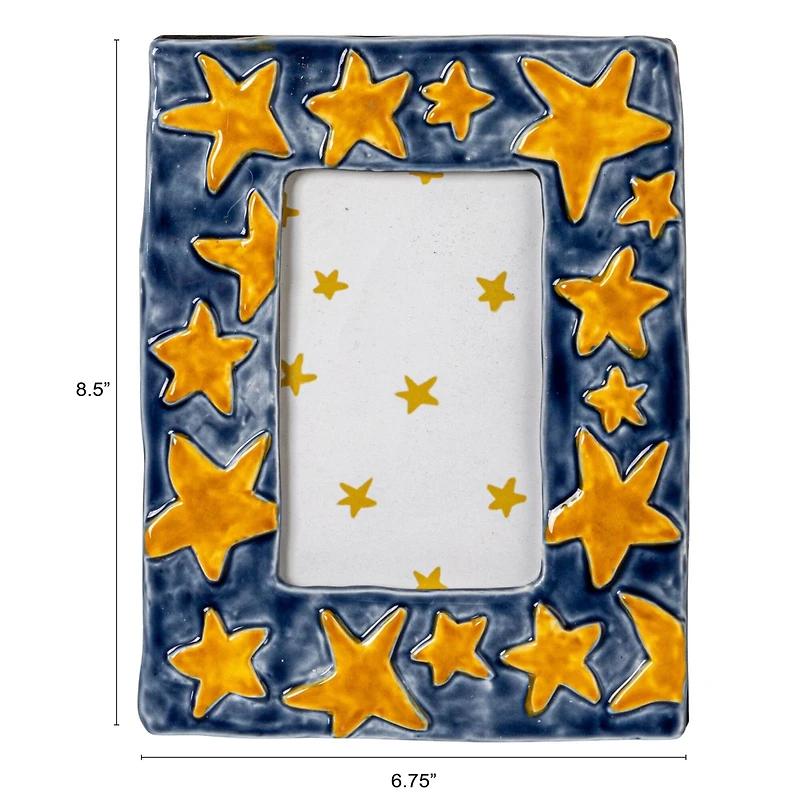 Hello Honey® Handmade Stoneware Photo Frame with Blue Frame and Yellow Stars