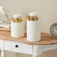 White Ceramic Decorative Jar Set with Abstract Spotted Pattern & Gold Leaf Accents