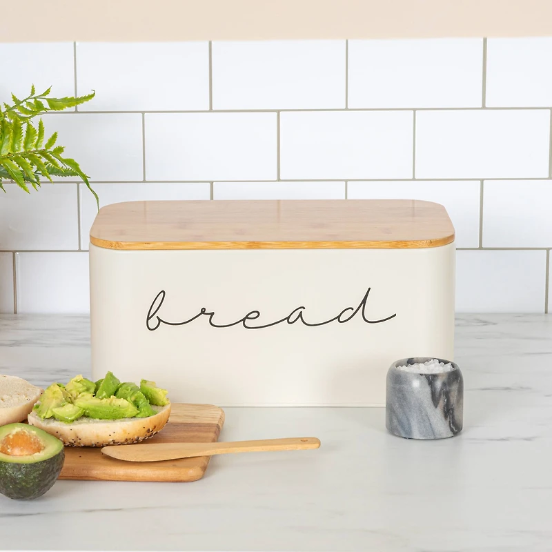 Hello Honey® 11.75" Cream Metal Bread Bin with Bamboo Lid