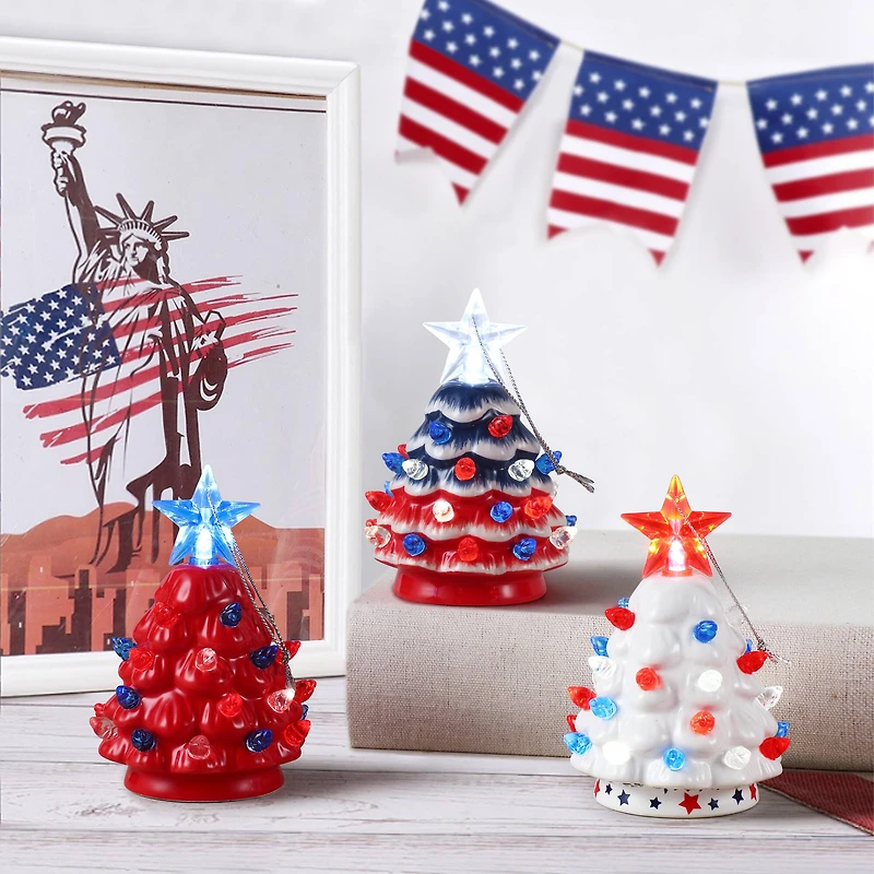 Mr. Christmas Mini Nostalgic Ceramic Patriotic Trees Set