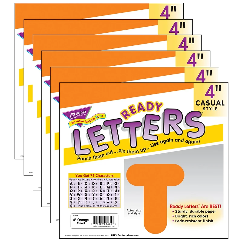 Trend Orange 4" Casual Uppercase Ready Letters®, 6 Pack