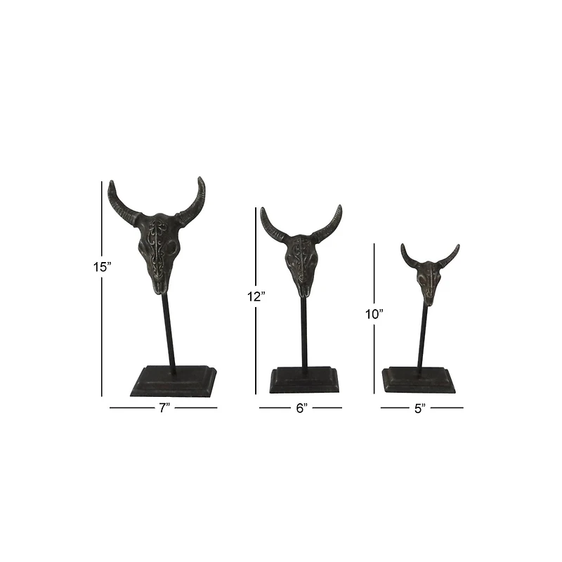 Set of 3 Grey Metal Eclectic Bull Sculpture, 15", 12", 10"