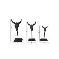 Set of 3 Grey Metal Eclectic Bull Sculpture, 15", 12", 10"