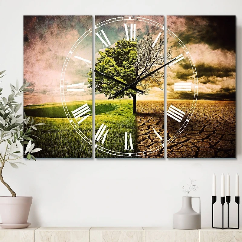 Designart Global Warming Traditional 3 Panel Wall Clock
