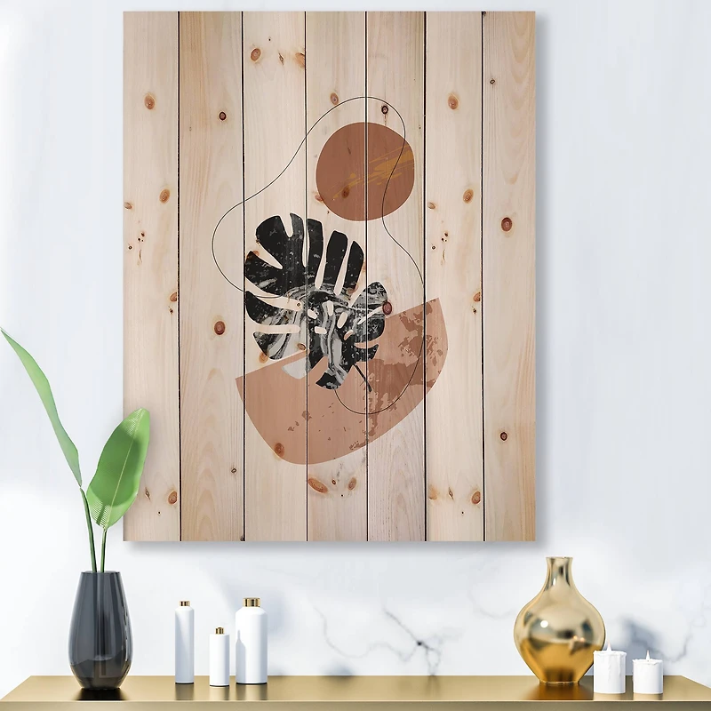 Designart - Abstract Shapes & Tropical Monstera Leaves - Modern Print on Natural Pine Wood