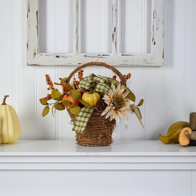 16" Pumpkin, Gourds & Berries Autumn Arrangement In Twig Basket