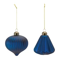 Ribbed Blue Glass Onion & Bell Ornament Set