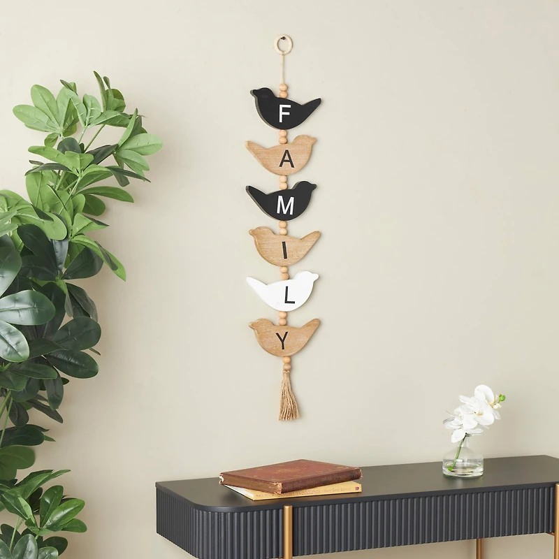Brown Wood Bird Handmade Family Sign Wall Décor with Tassel and Bead Accents