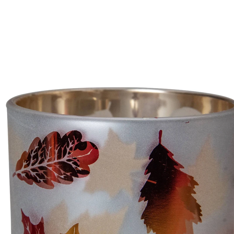 5" Matte White & Gold Autumn Leaves Flameless Glass Candle Holder