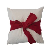 Hello Honey® Cream & Red Hand-Woven Cotton Slub Pillow with Bow