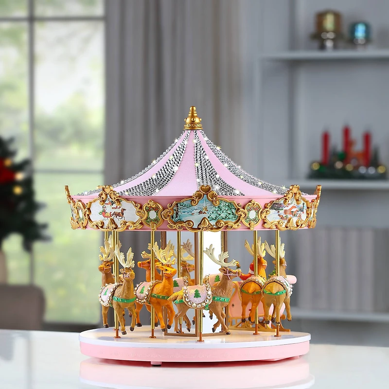12" Animated & Musical Pink Crystal Carousel