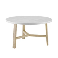 Faux White Marble & Light Oak Mid Century Modern Round Coffee Table