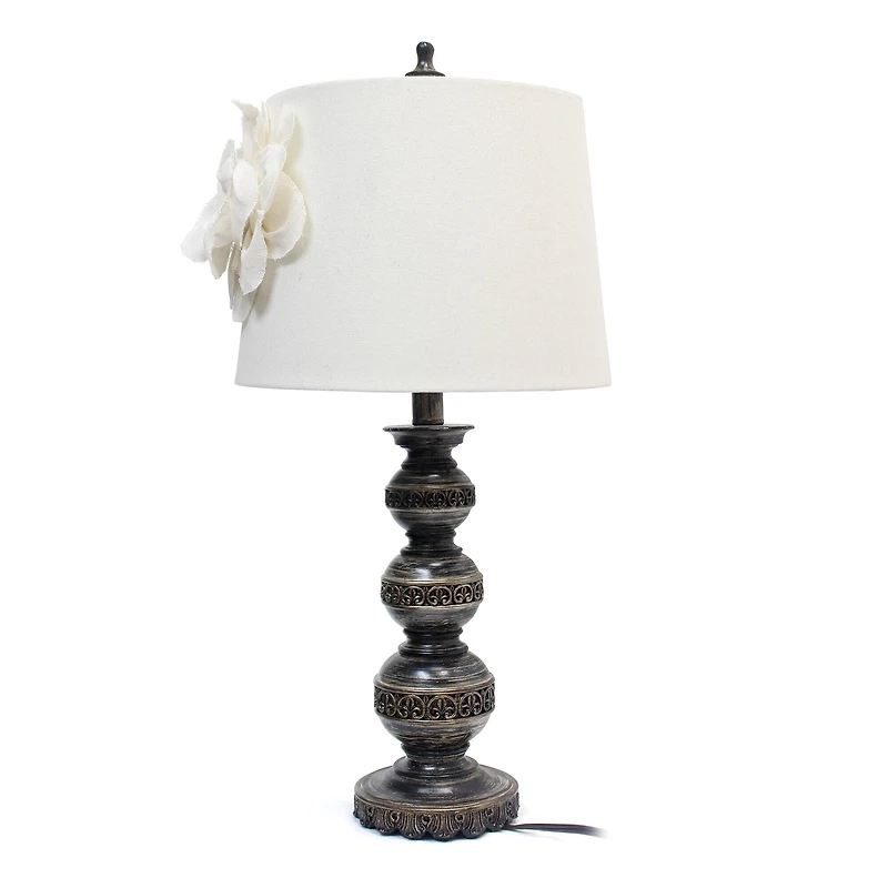 Elegant Designs Aged Bronze Stacked Ball Lamp with Linen Flower Shade