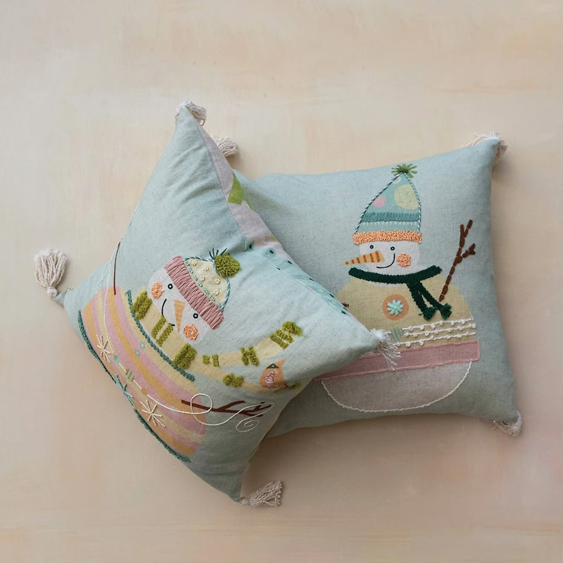 Hello Honey® 18" x 18" Cotton Printed Pillow Set with Snowman, Embroidery, Tassels & Patterned Back