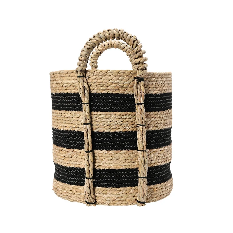 Household Essentials 20" Black & Natural Stripes Braided Basket with Handles